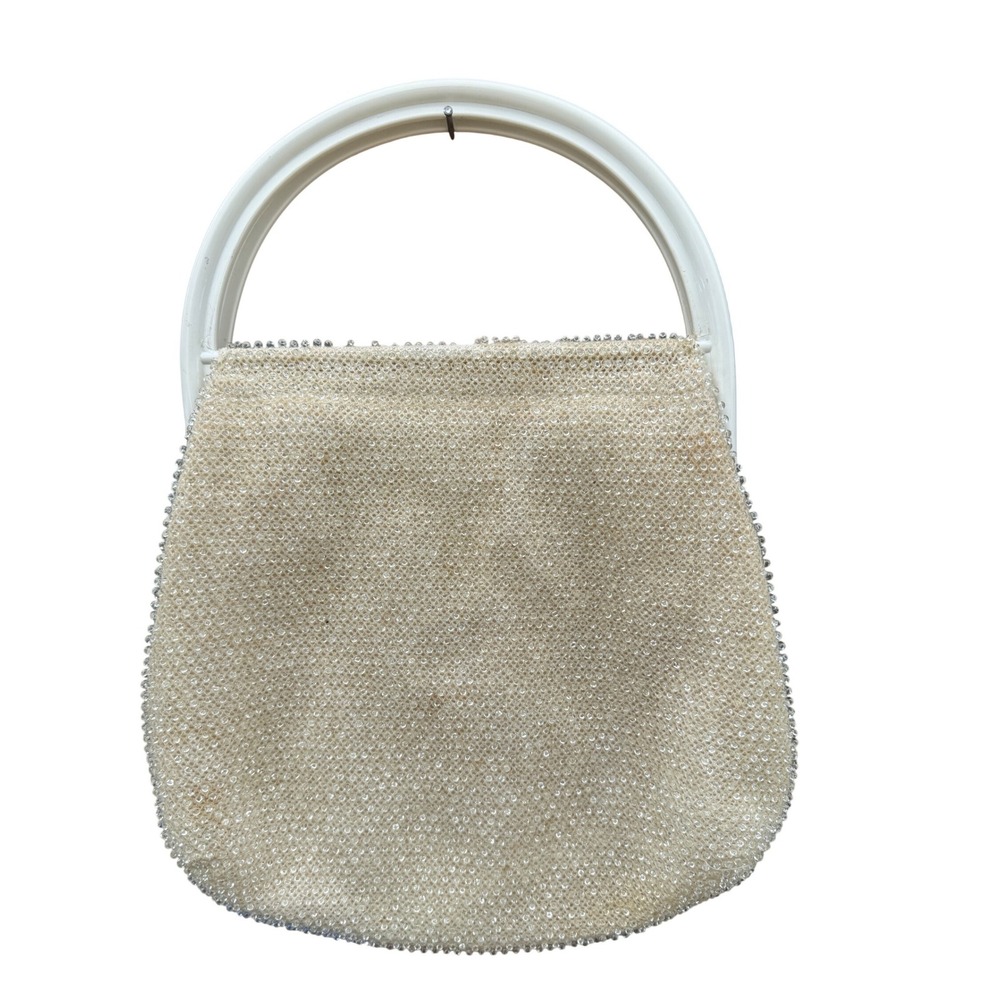 Vintage Cream Beaded Top Handle Evening Bag Mid Century Bridal Purse Off White - Picture 2 of 7